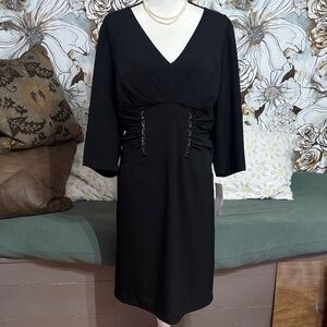 NWT Adrianna Papell Black V-Neck Midi Dress with Details at the Waist